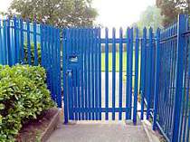 Blue powder coated palisade access gate with integrated mechanical keypad access lock
